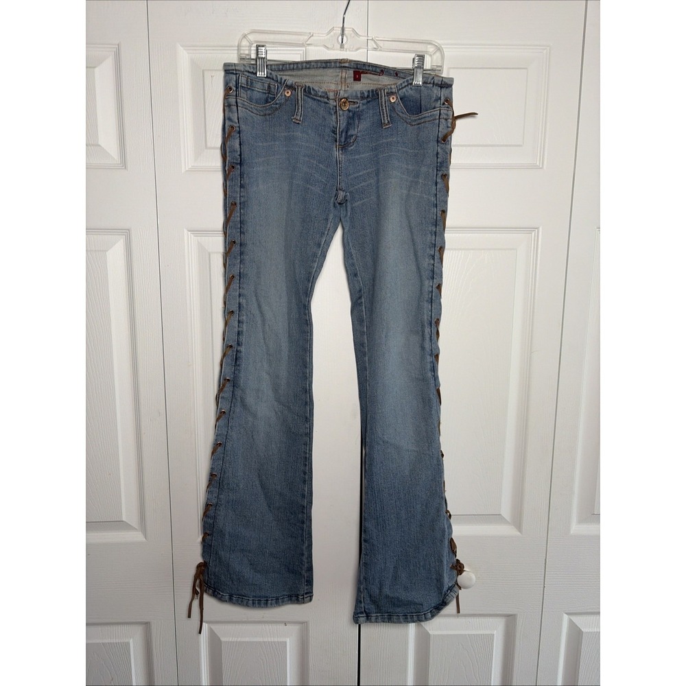Bongo Lace Up Side Flare Jeans Womens Size 3 Blue Y2K Low Rise Bootcut Denim